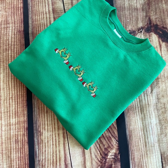Custom Embroidered Grinch Hearts Women’s Green Sweatshirt - Picture 4 of 5
